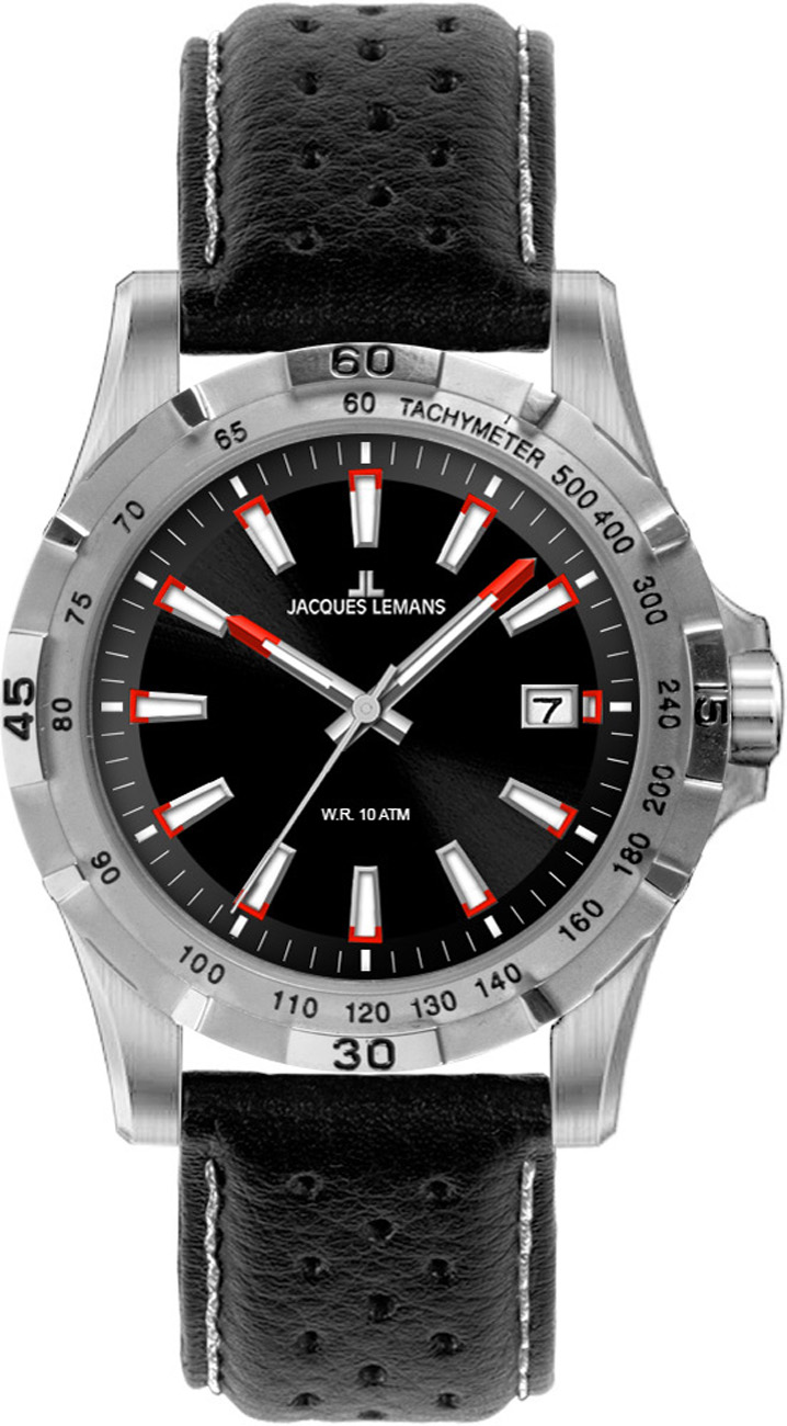 JACQUES LEMANS Montreal Three Hands 43mm Silver Stainless Steel Black Leather Strap 1-1790A - 