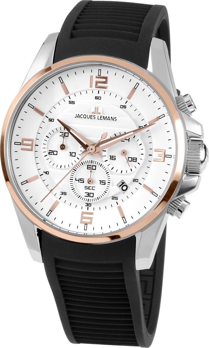 JACQUES LEMANS Liverpool Chronograph 44mm Silver Stainless Steel Black Silicon Strap 1-1799D - 