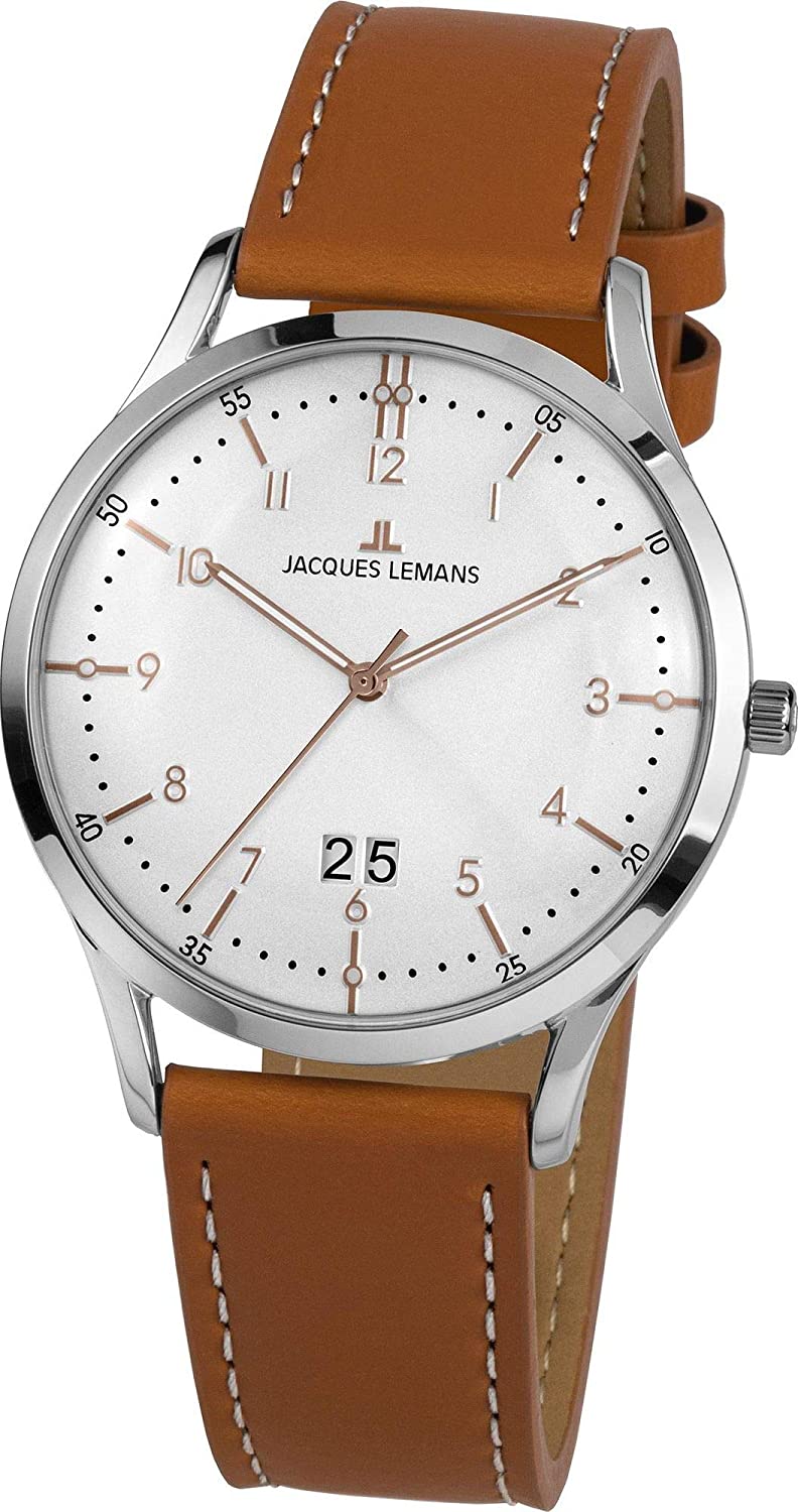 JACQUES LEMANS Retro Classic Three Hands 41mm Silver Stainless Steel Brown Leather Strap 1-2066D - 
