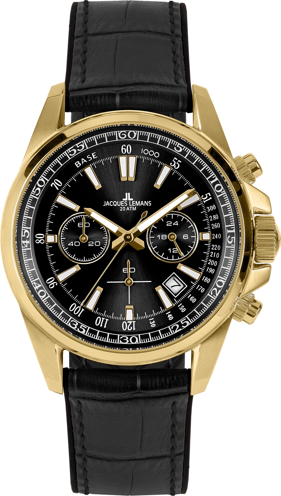 JACQUES LEMANS Liverpool Chronograph 42mm Gold Stainless Steel Black Leather Strap 1-2117E - 