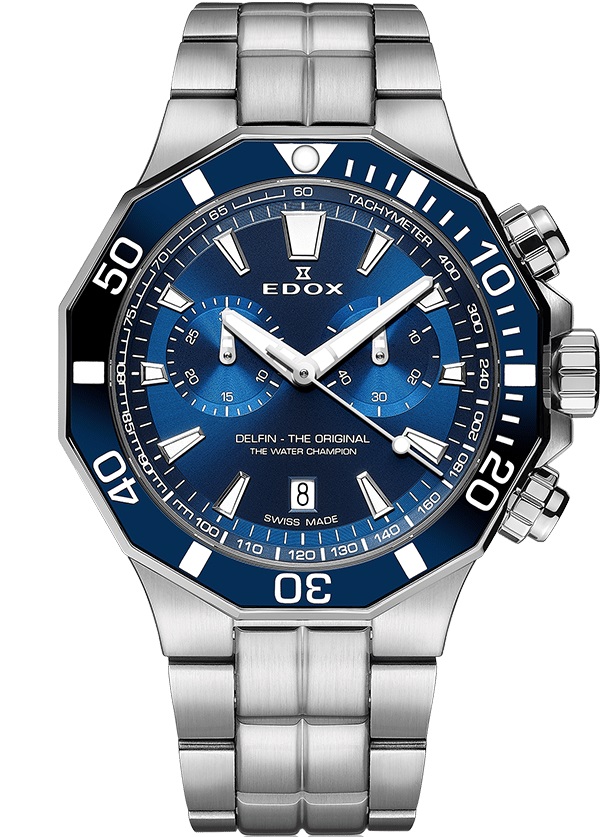EDOX Delfin The Original Chronograph Blue Dial 43mm Silver Stainless Steel Bracelet 10112-3BUM-BUIN - 