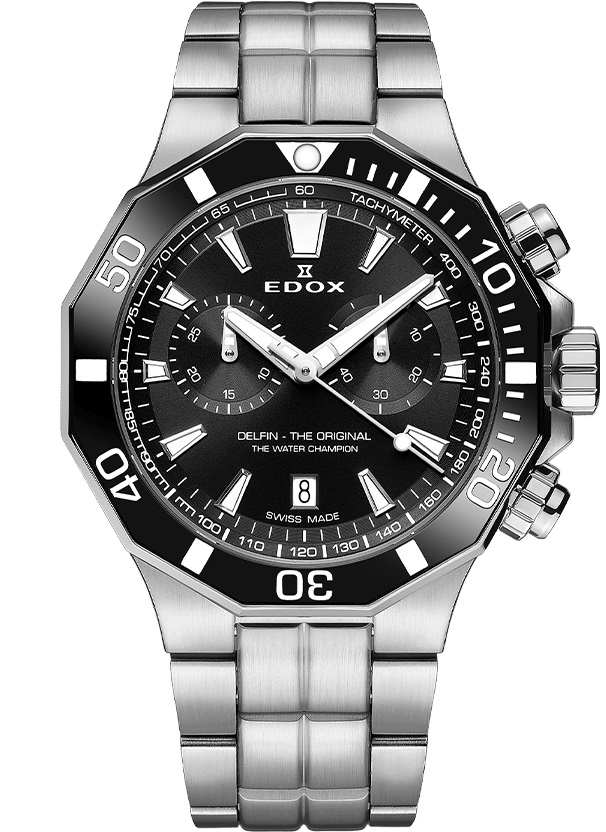 EDOX Delfin The Original Chronograph Black Dial 43mm Silver Stainless Steel Bracelet 10112-3NM-NIN - 