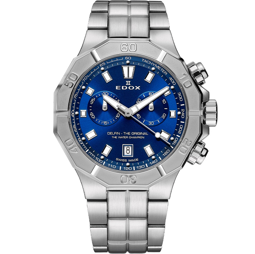 EDOX Delfin The Original Chronograph Blue Dial 43mm Silver Stainless Steel Bracelet 10113-3M-BUIN - 