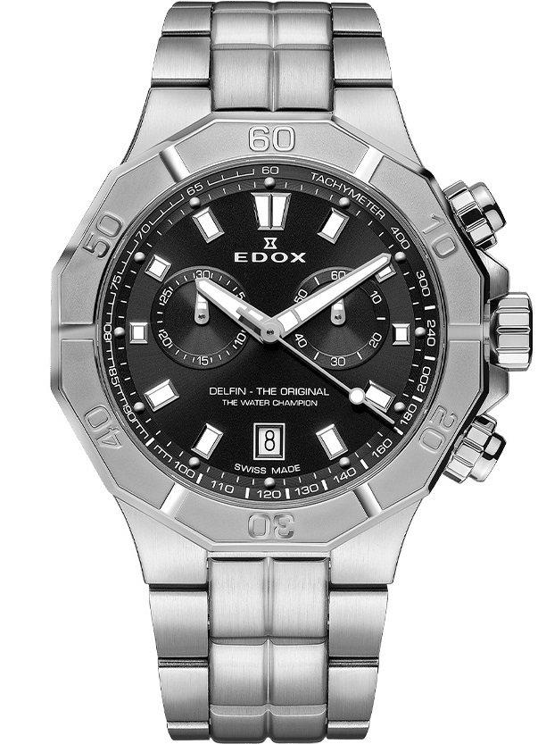EDOX Delfin The Original Chronograph Black Dial 43mm Silver Stainless Steel Bracelet 10113-3M-NIN - 