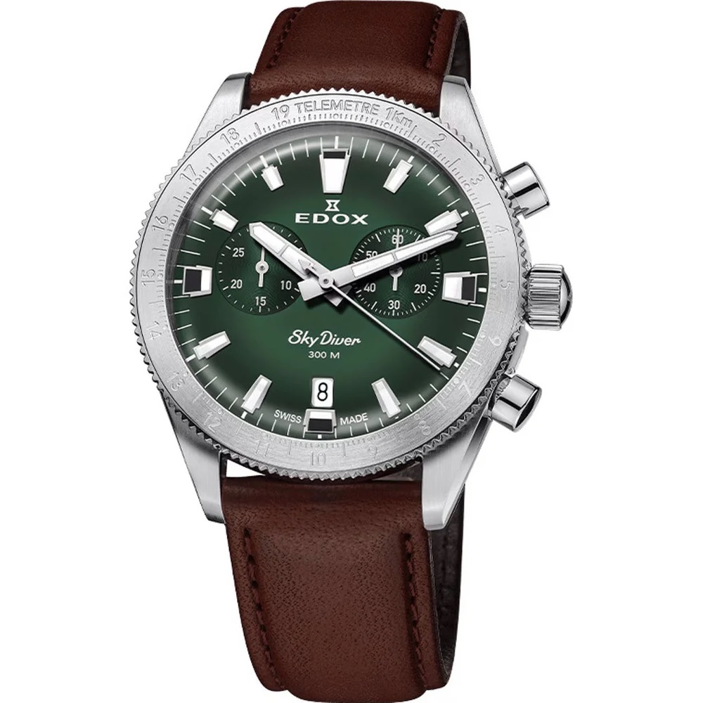 EDOX SkyDiver Chronograph Limited Edition Green Dial 40mm Silver Stainless Steel Bracelet 10116-3-VIDN - 