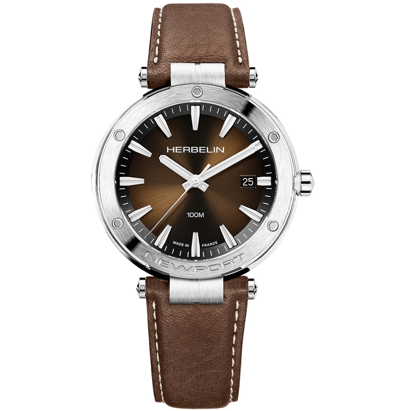 HERBELIN Newport Gent Brown Dial 40.5mm Silver Stainless Steel Brown Leather Strap 12288A27MA - 