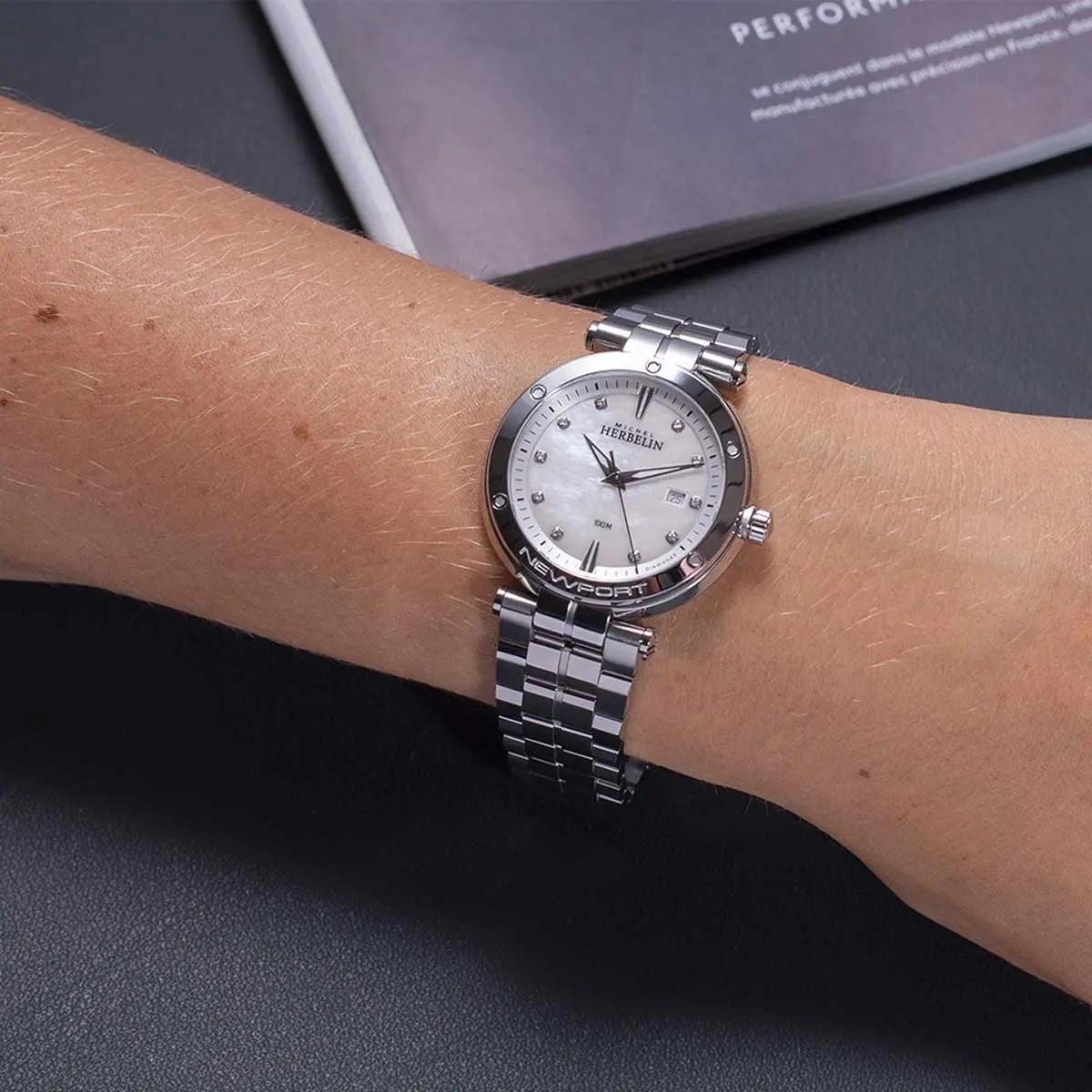 HERBELIN Newport Lady White Pearl Dial 34.5mm Silver Stainless Steel Bracelet 14288B89 - 