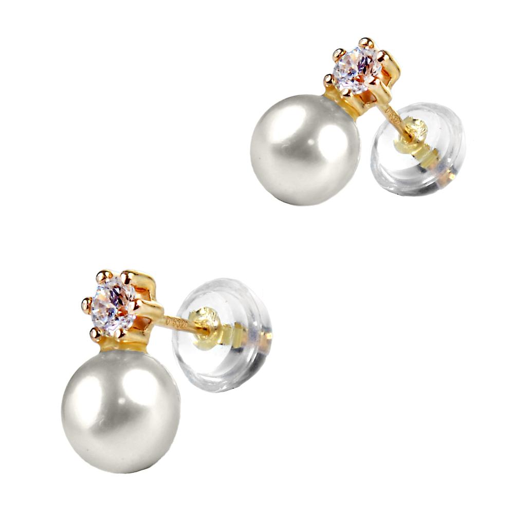 EARRINGS Dangling SENZIO Collection Yellow Gold K14 with Zircon Stones and Pearls 14E-0061