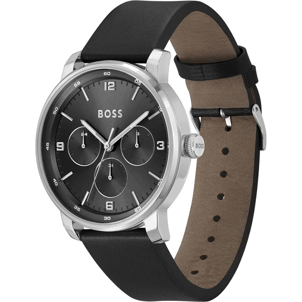 BOSS Contender Multifunction Black Dial 44mm Silver Stainless Steel Black Leather Strap 1514125 - 
