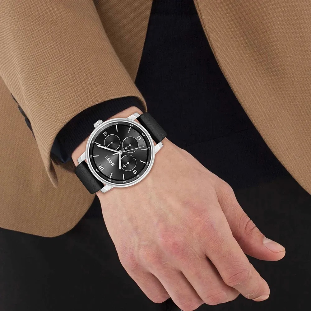 BOSS Contender Multifunction Black Dial 44mm Silver Stainless Steel Black Leather Strap 1514125 - 4