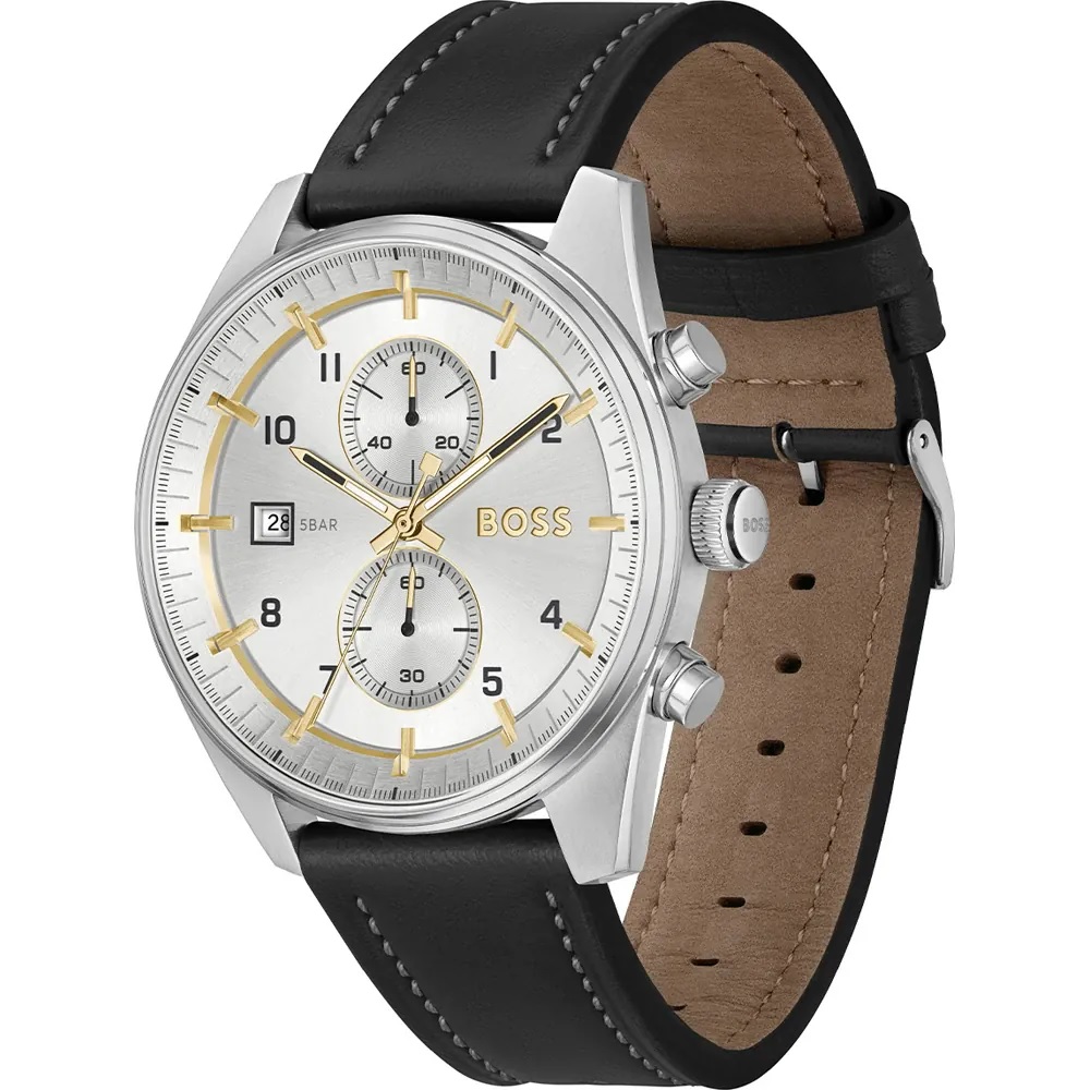 BOSS Skytraveller Chronograph Silver Dial 44mm Silver Stainless Steel Black Leather Strap 1514147 - 