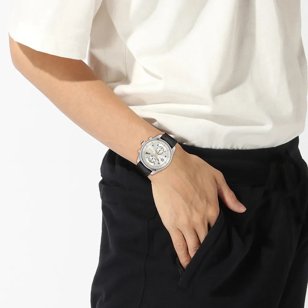 BOSS Skytraveller Chronograph Silver Dial 44mm Silver Stainless Steel Black Leather Strap 1514147 - 4
