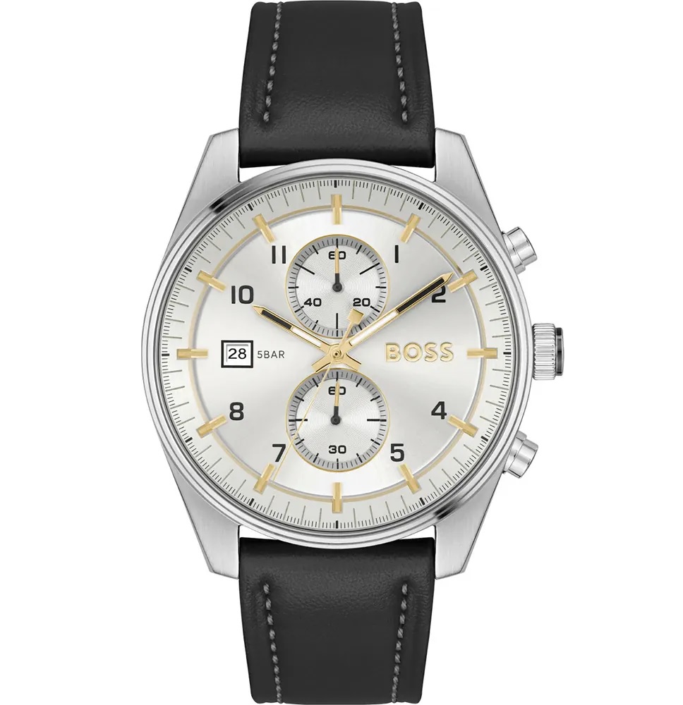 BOSS Skytraveller Chronograph Silver Dial 44mm Silver Stainless Steel Black Leather Strap 1514147 - 