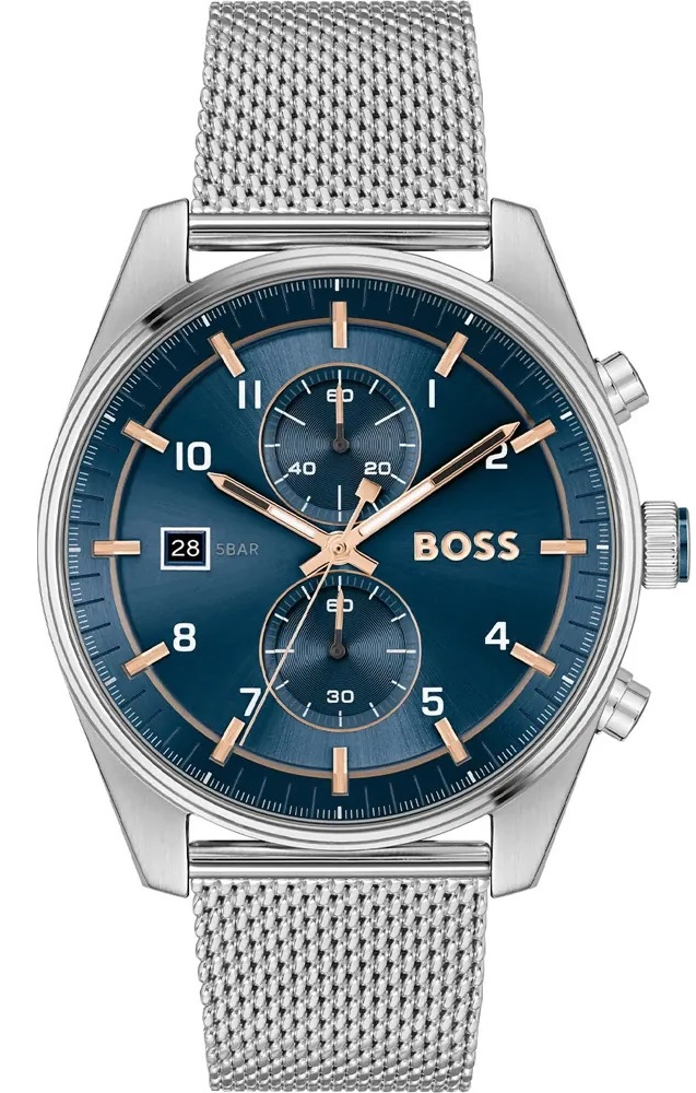 BOSS Skytraveller Chronograph Blue Dial 44mm Silver Stainless Steel Milanese Bracelet 1514149 - 