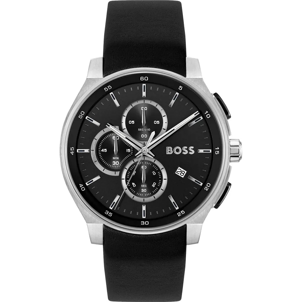 BOSS Peak 2.0 Chronograph Black Dial 45mm Silver Stainless Steel Black Leather Strap 1514188 - 