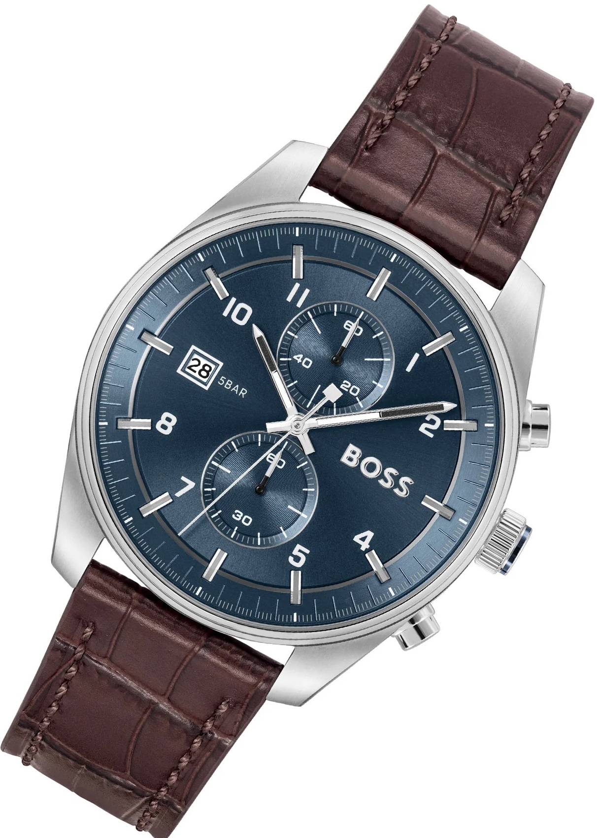 BOSS Skytraveller Chronograph Blue Dial 44mm Silver Stainless Steel Brown Leather Strap 1514193 - 