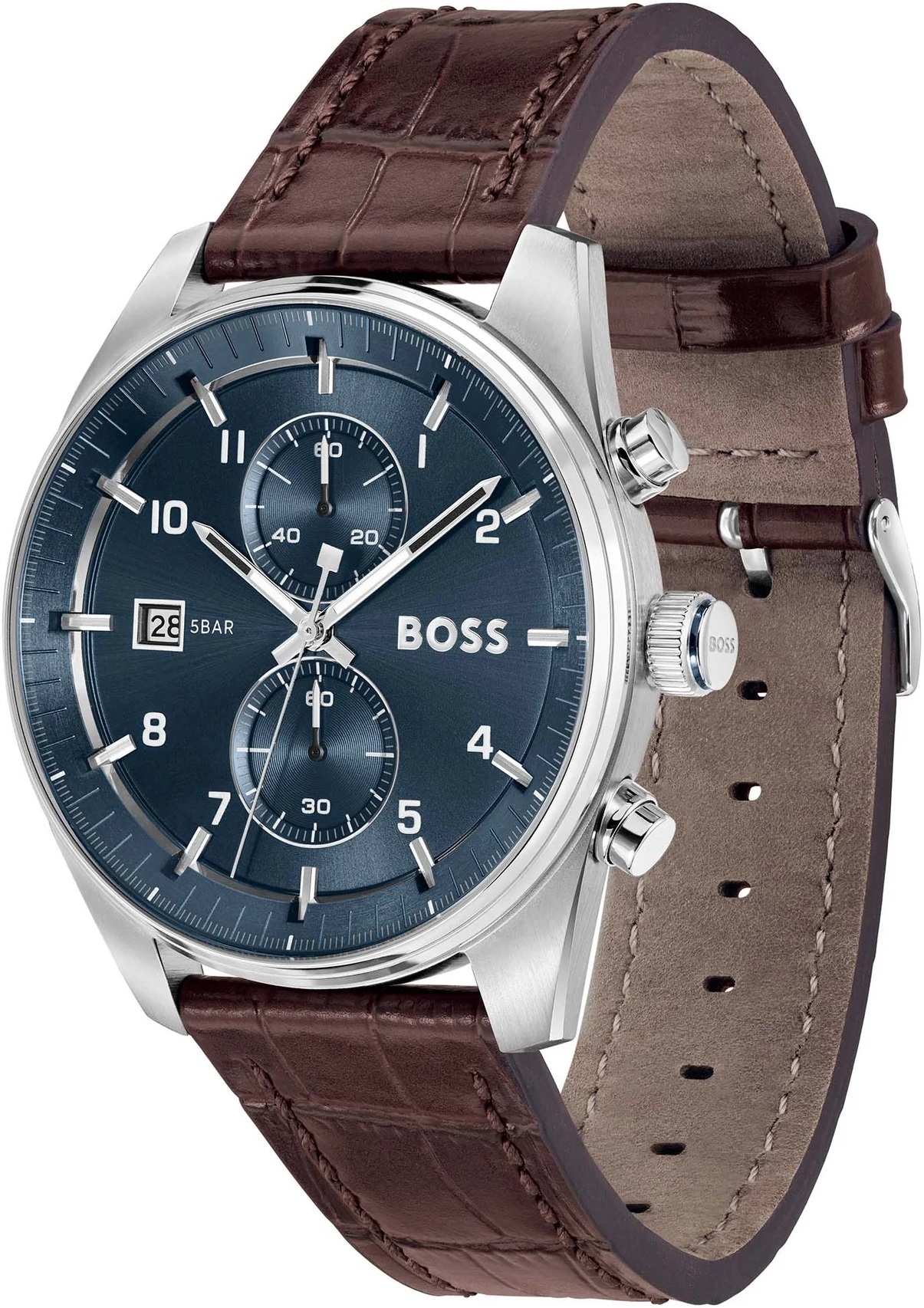 BOSS Skytraveller Chronograph Blue Dial 44mm Silver Stainless Steel Brown Leather Strap 1514193 - 3
