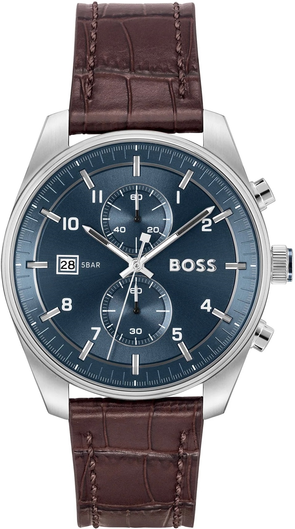 BOSS Skytraveller Chronograph Blue Dial 44mm Silver Stainless Steel Brown Leather Strap 1514193 - 