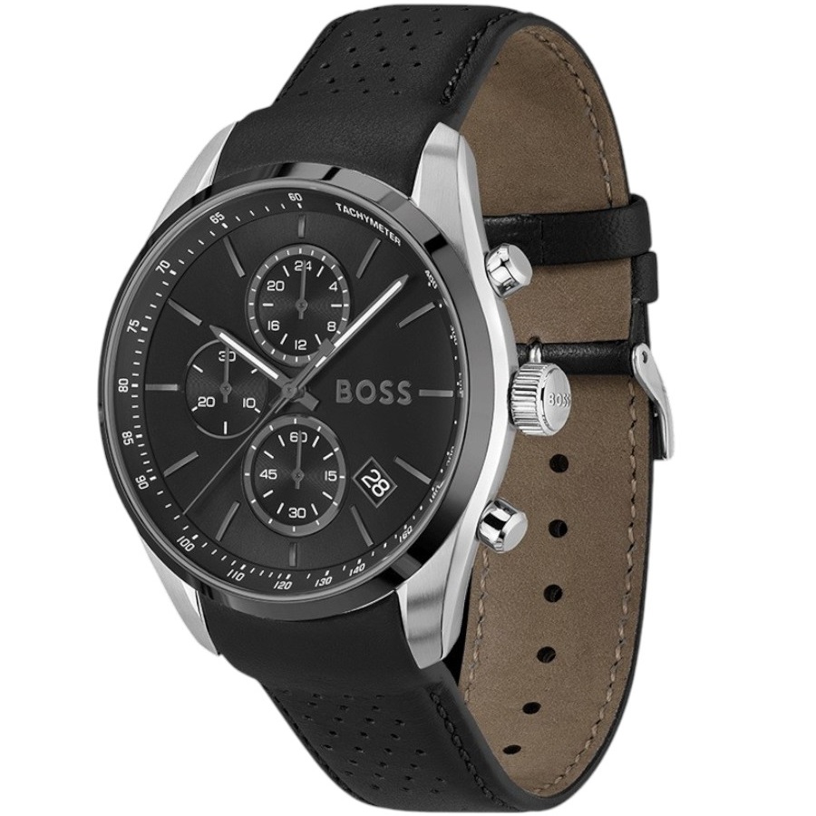 BOSS Grand Prix Chronograph Black Dial 44mm Silver Stainless Steel Black Leather Strap 1514224 - 