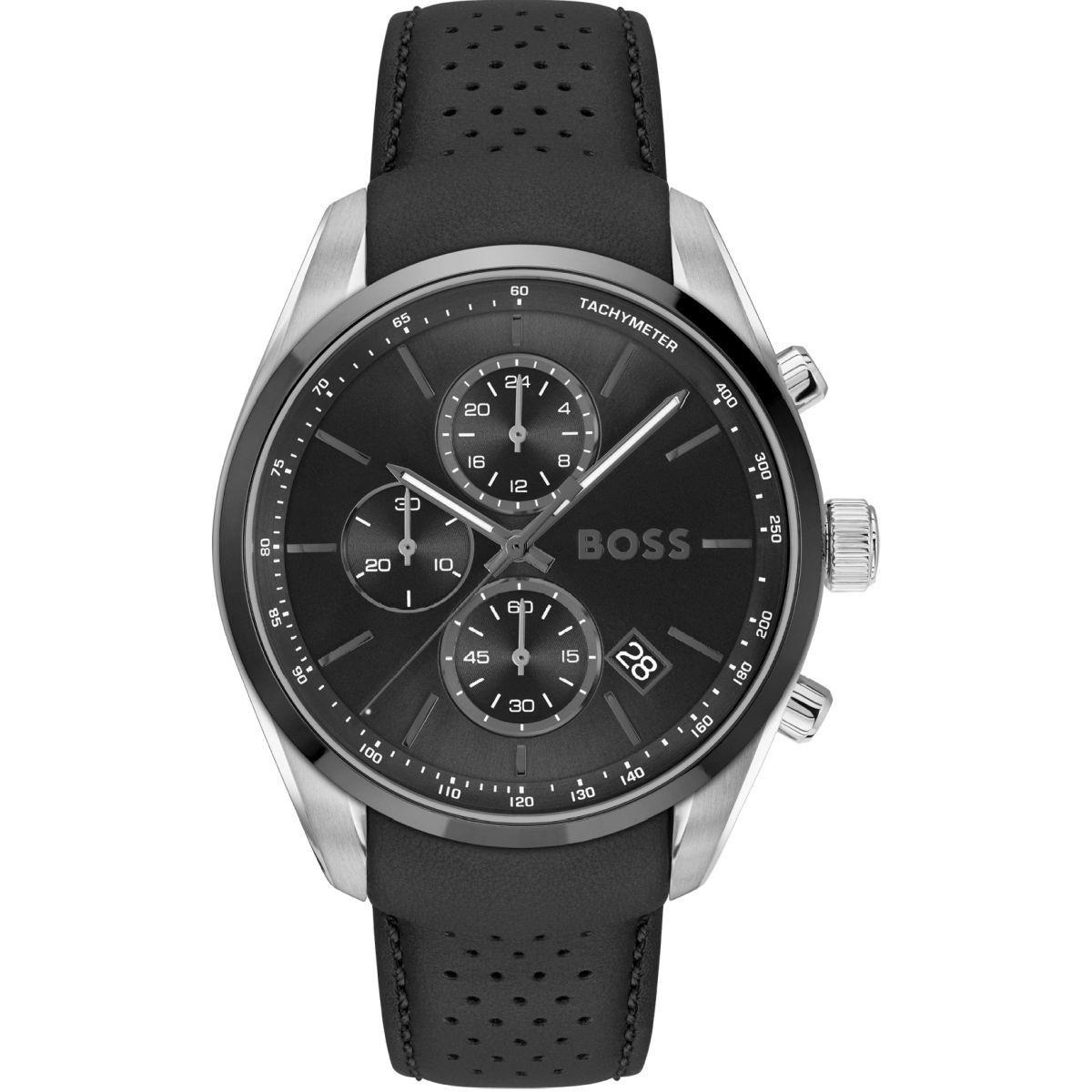 BOSS Grand Prix Chronograph Black Dial 44mm Silver Stainless Steel Black Leather Strap 1514224 - 