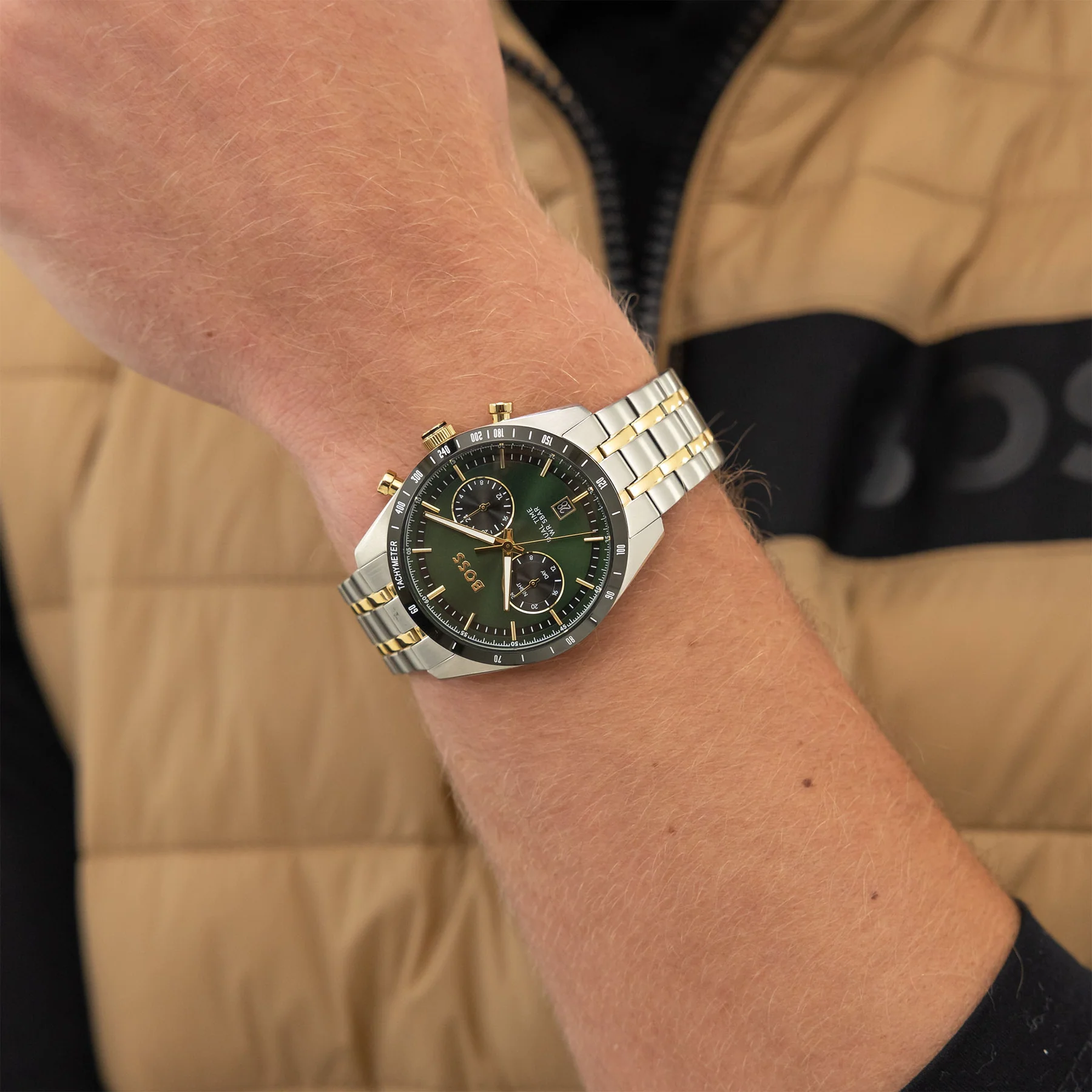 BOSS Tourmaster Dual Time Green Dial 41mm Gold and Silver Stainless Steel Bracelet 1514287 - 