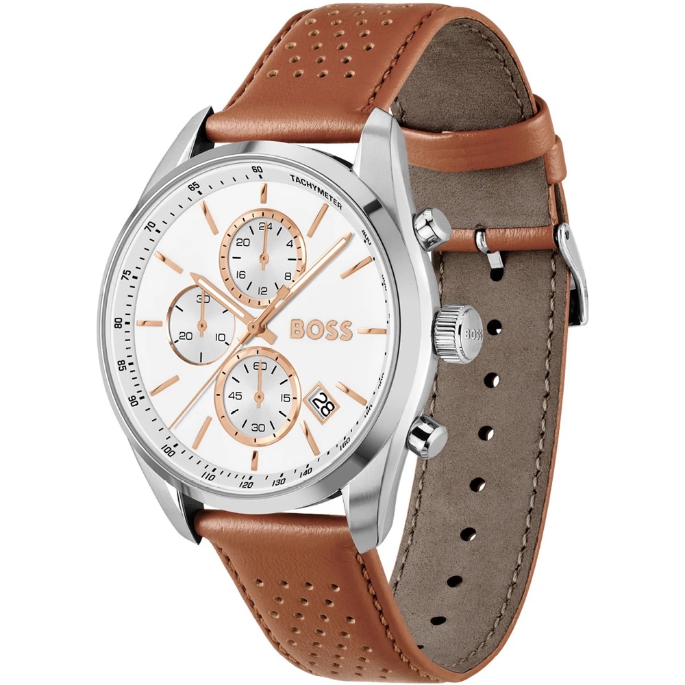 BOSS Grand Prix Chronograph White Dial 44mm Silver Stainless Steel Brown Leather Strap 1514313 - 