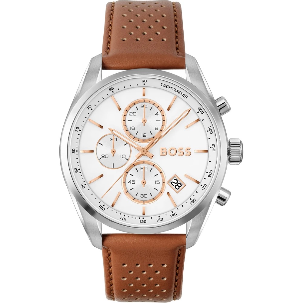BOSS Grand Prix Chronograph White Dial 44mm Silver Stainless Steel Brown Leather Strap 1514313 - 