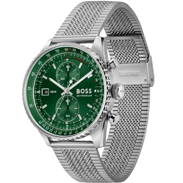 BOSS Skytraveler Chronograph Green Dial 43mm Silver Stainless Steel Mesh Bracelet 1514347 - 