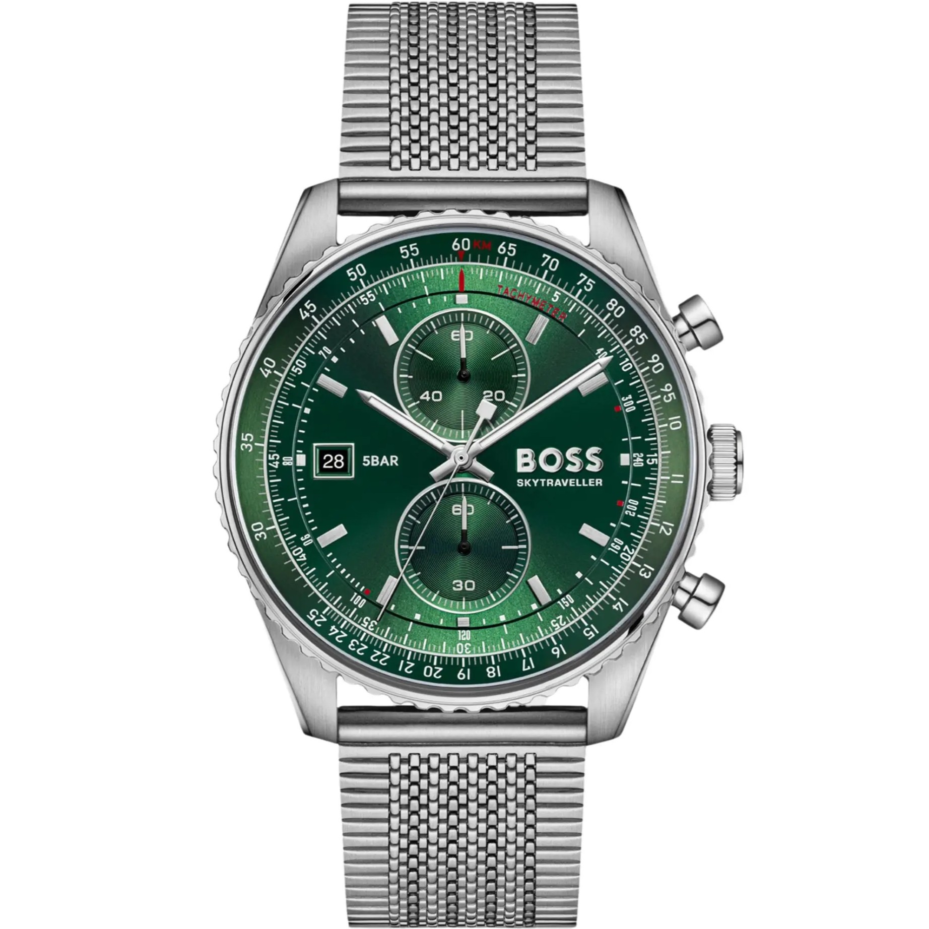 BOSS Skytraveler Chronograph Green Dial 43mm Silver Stainless Steel Mesh Bracelet 1514347 - 