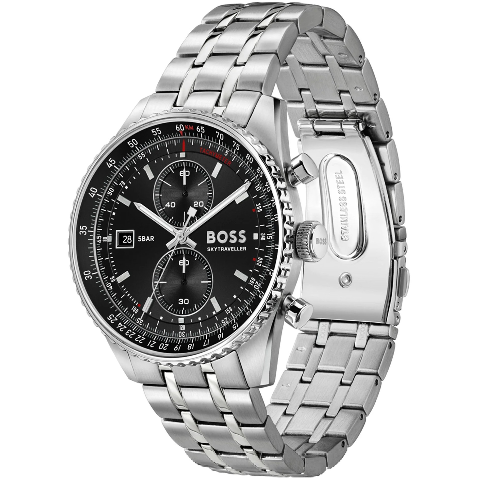 BOSS Skytraveler Chronograph Black Dial 43mm Silver Stainless Steel Bracelet 1514349 - 