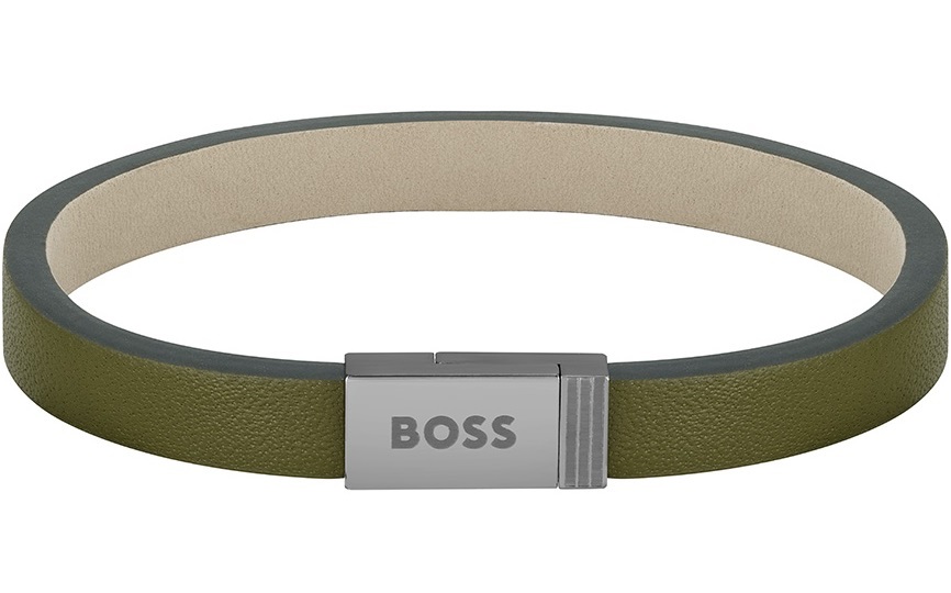 BOSS Jewelry Bracelet Grey Stainless Steel Green Leather Strap 1580338S - 