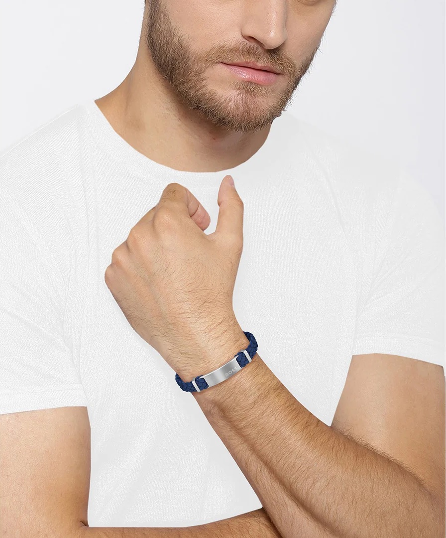 BOSS Jewelry Dylan Bracelet Silver Stainless Steel with Blue Leather 1580609M - 