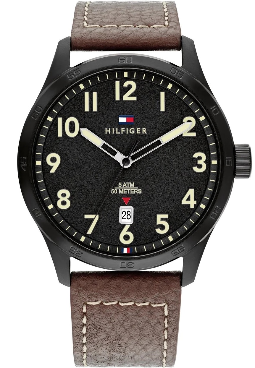 TOMMY HILFIGER Forrest 43mm Black Stainless Steel Brown Leather Strap 1710560 - 1