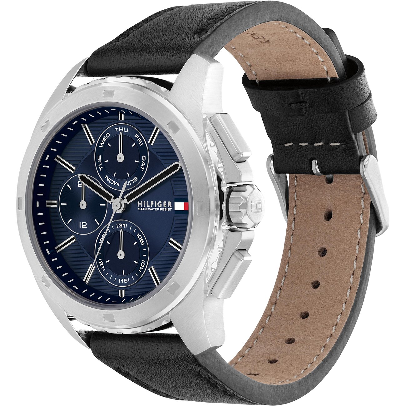 TOMMY HILFIGER Walker Multifunction Blue Dial 44mm Silver Stainless Steel Black Leather Strap 1710619 - 