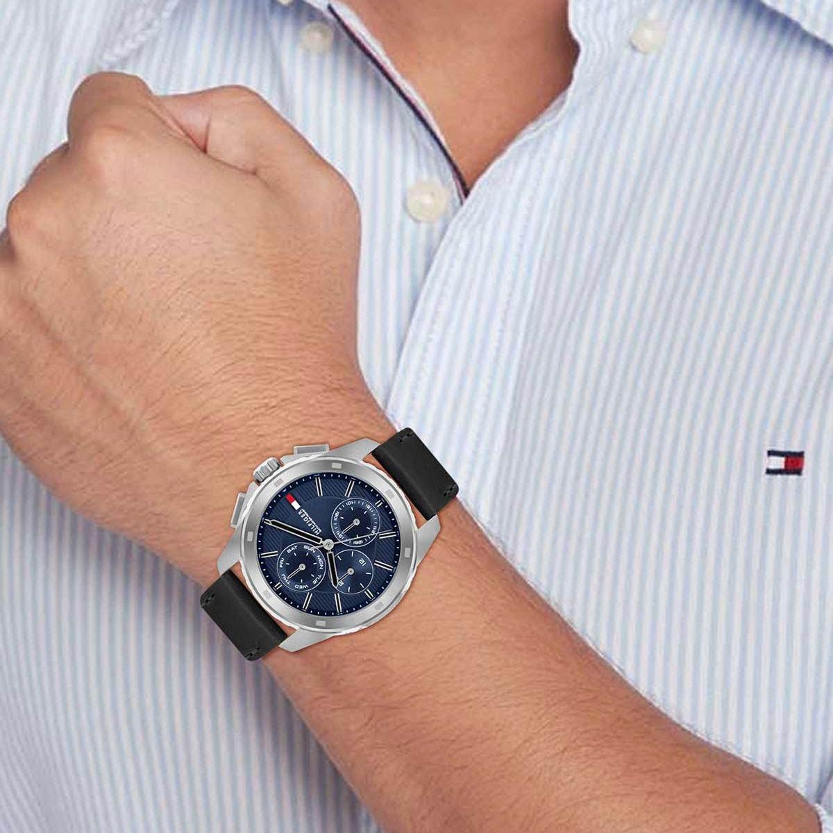 TOMMY HILFIGER Walker Multifunction Blue Dial 44mm Silver Stainless Steel Black Leather Strap 1710619 - 4
