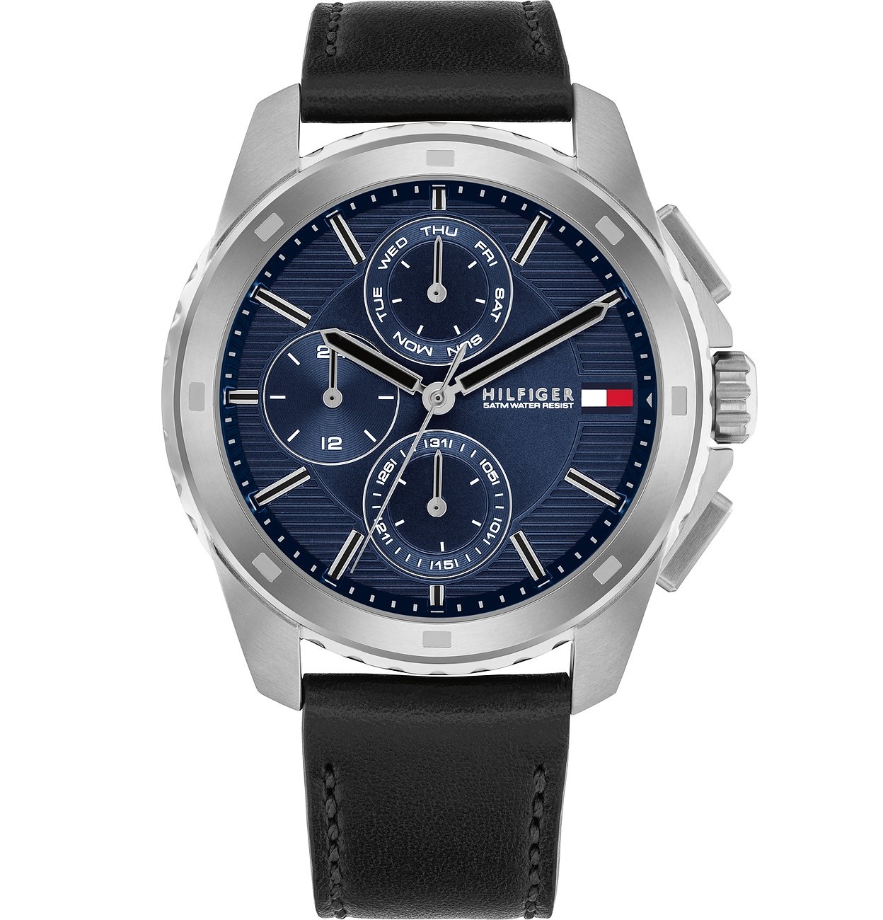 TOMMY HILFIGER Walker Multifunction Blue Dial 44mm Silver Stainless Steel Black Leather Strap 1710619 - 