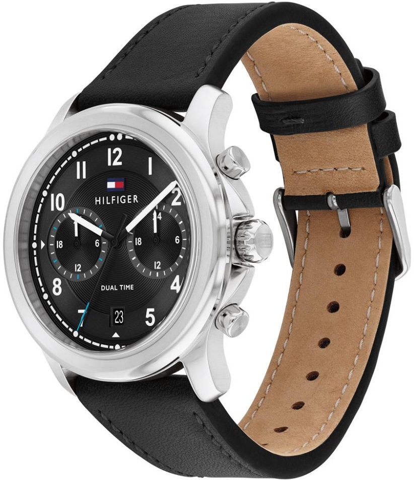 TOMMY HILFIGER Wesley Dual Time Black Dial 42mm Silver Stainless Steel Black Leather Strap 1710624 - 