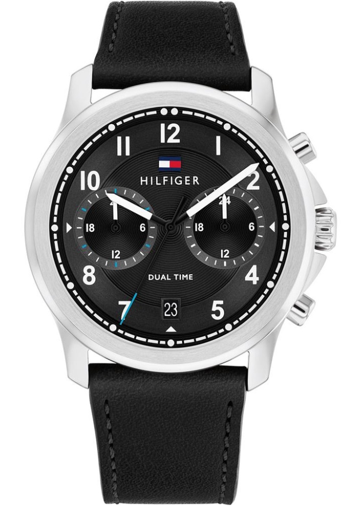 TOMMY HILFIGER Wesley Dual Time Black Dial 42mm Silver Stainless Steel Black Leather Strap 1710624 - 