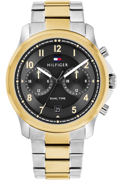 TOMMY HILFIGER Wesley Dual Time Black Dial 42mm Two Tone Gold Stainless Steel Bracelet 1710627 - 