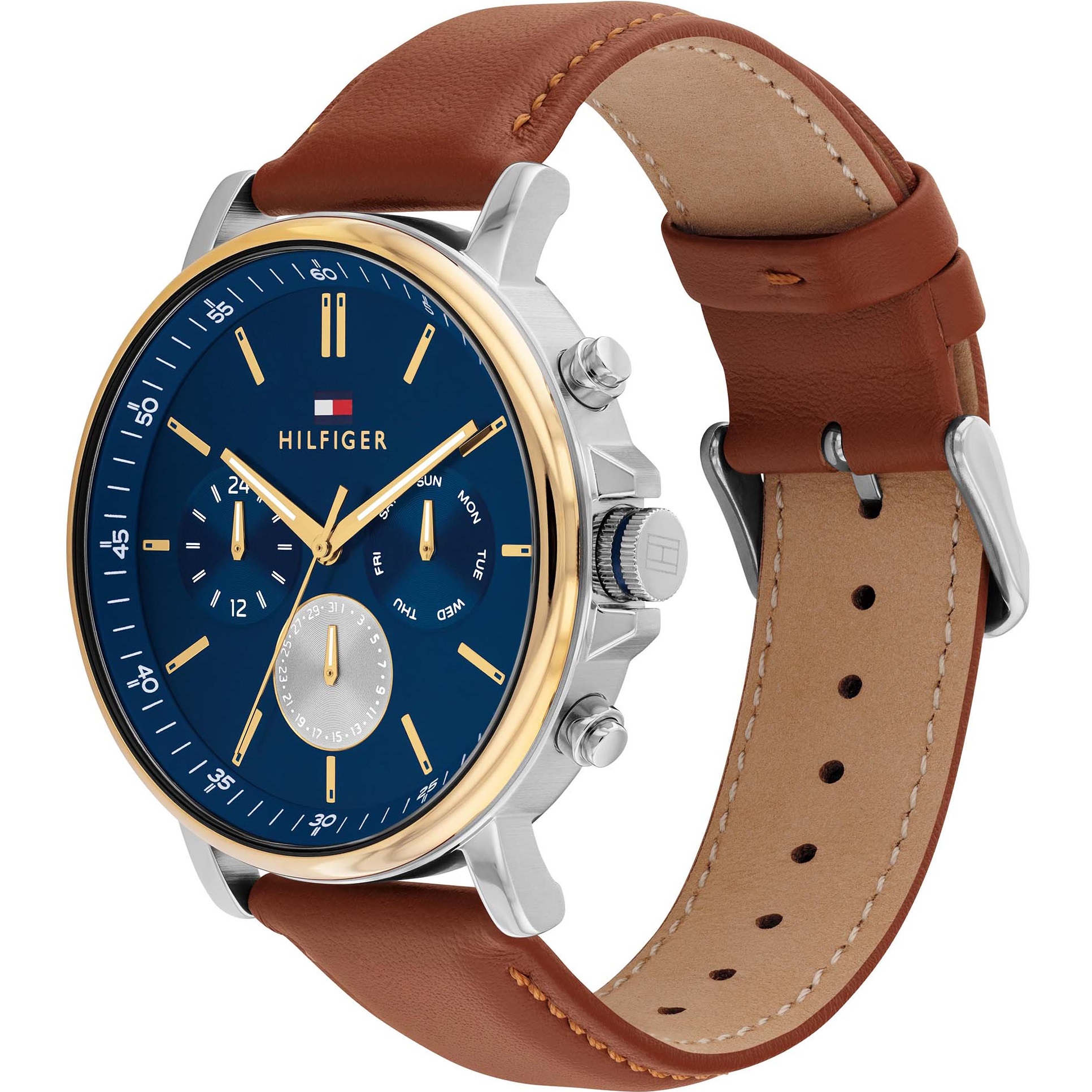 TOMMY HILFIGER Tyson Multifunction Blue Dial 44mm Silver Stainless Steel Brown Leather Strap 1710703 - 3