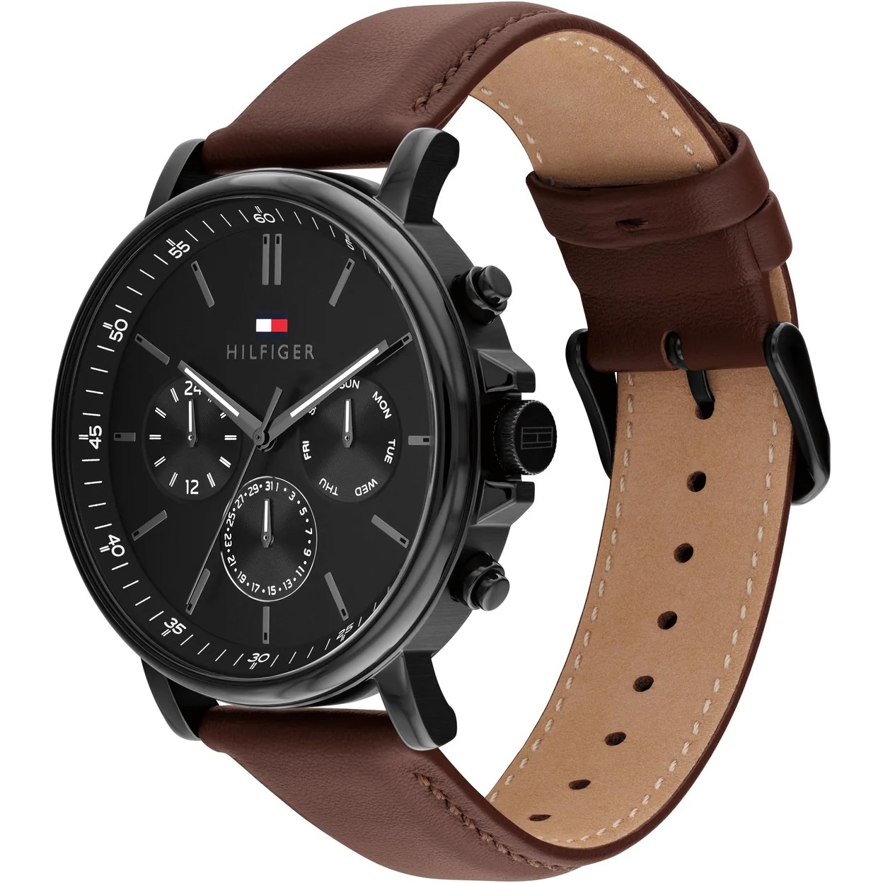 TOMMY HILFIGER Tyson Multifunction Black Dial 44mm Black Stainless Steel Brown Leather Strap 1710704 - 3