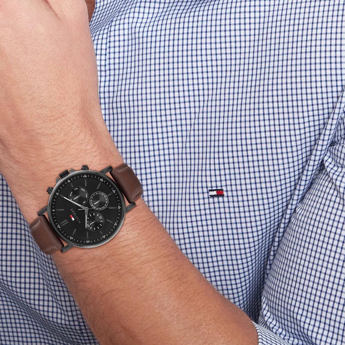 TOMMY HILFIGER Tyson Multifunction Black Dial 44mm Black Stainless Steel Brown Leather Strap 1710704 - 