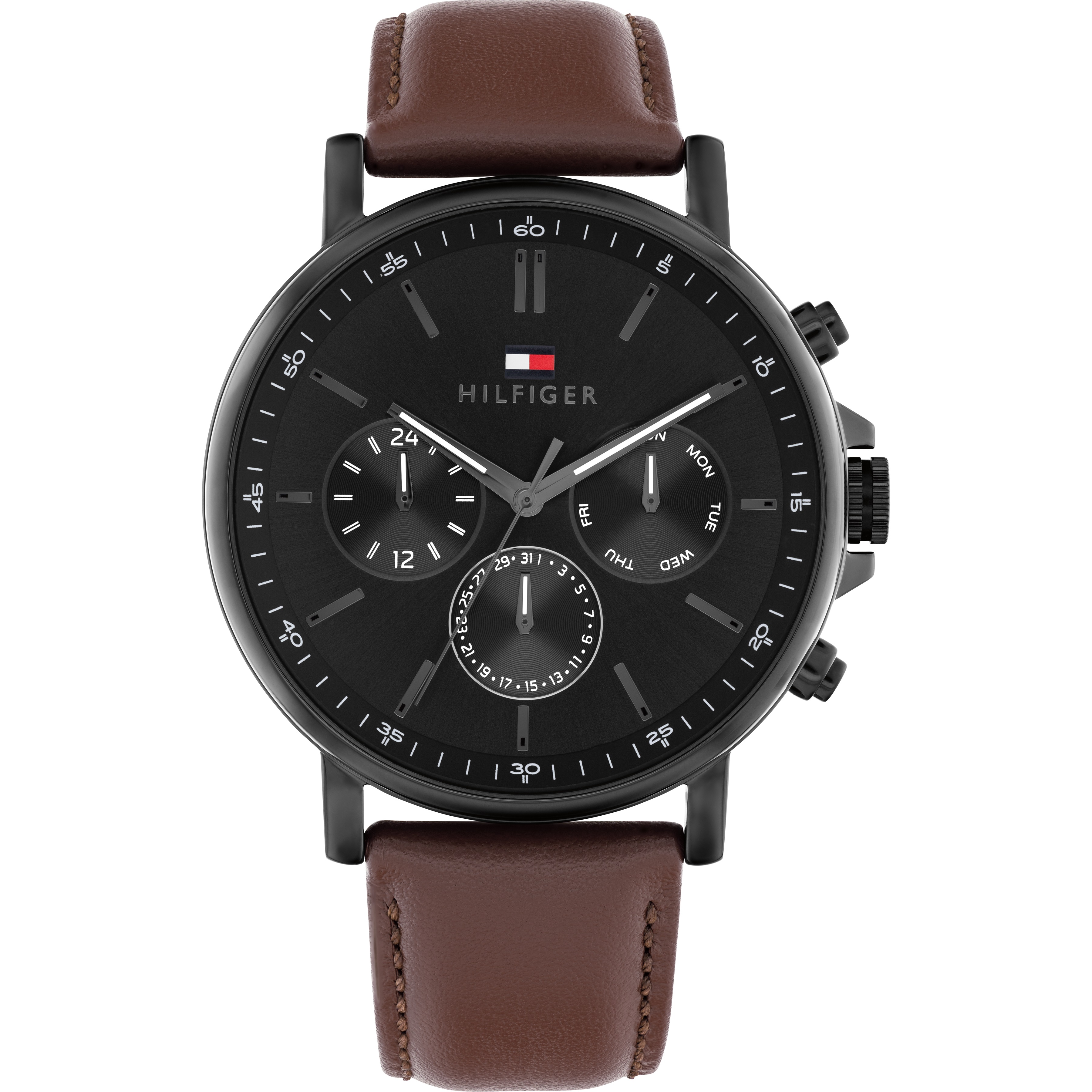 TOMMY HILFIGER Tyson Multifunction Black Dial 44mm Black Stainless Steel Brown Leather Strap 1710704 - 