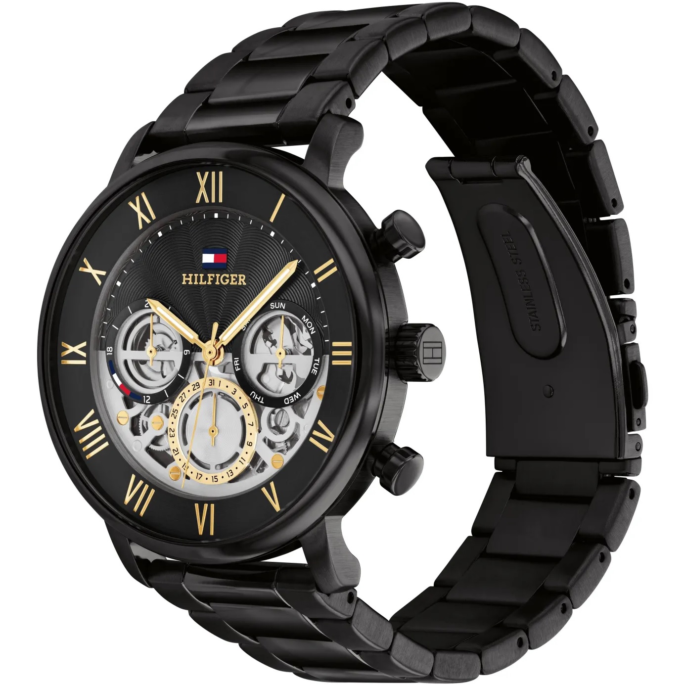 TOMMY HILFIGER Legend Multifunction Black Skeleton Dial 44mm Black Stainless Steel Bracelet 1710706 - 