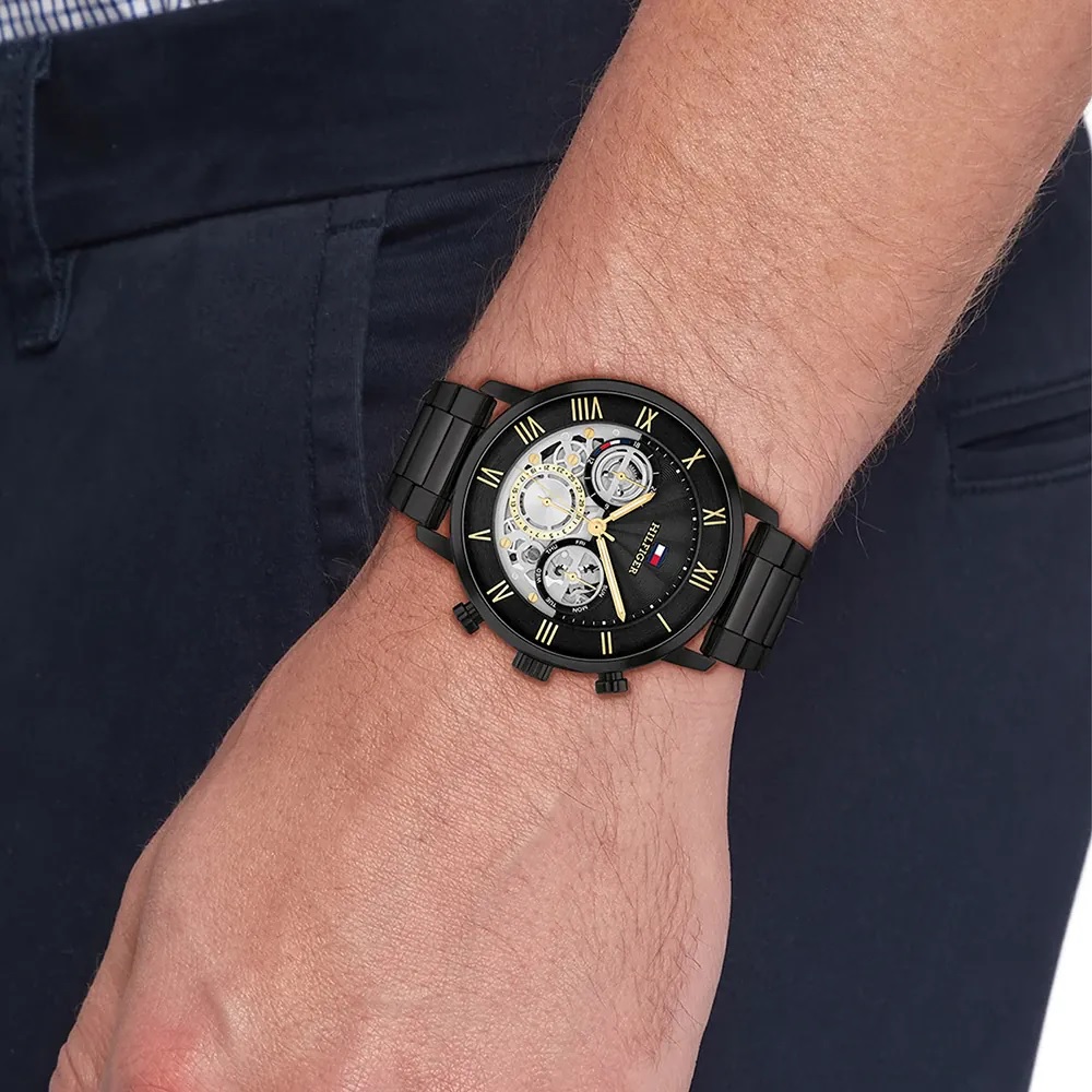 TOMMY HILFIGER Legend Multifunction Black Skeleton Dial 44mm Black Stainless Steel Bracelet 1710706 - 3