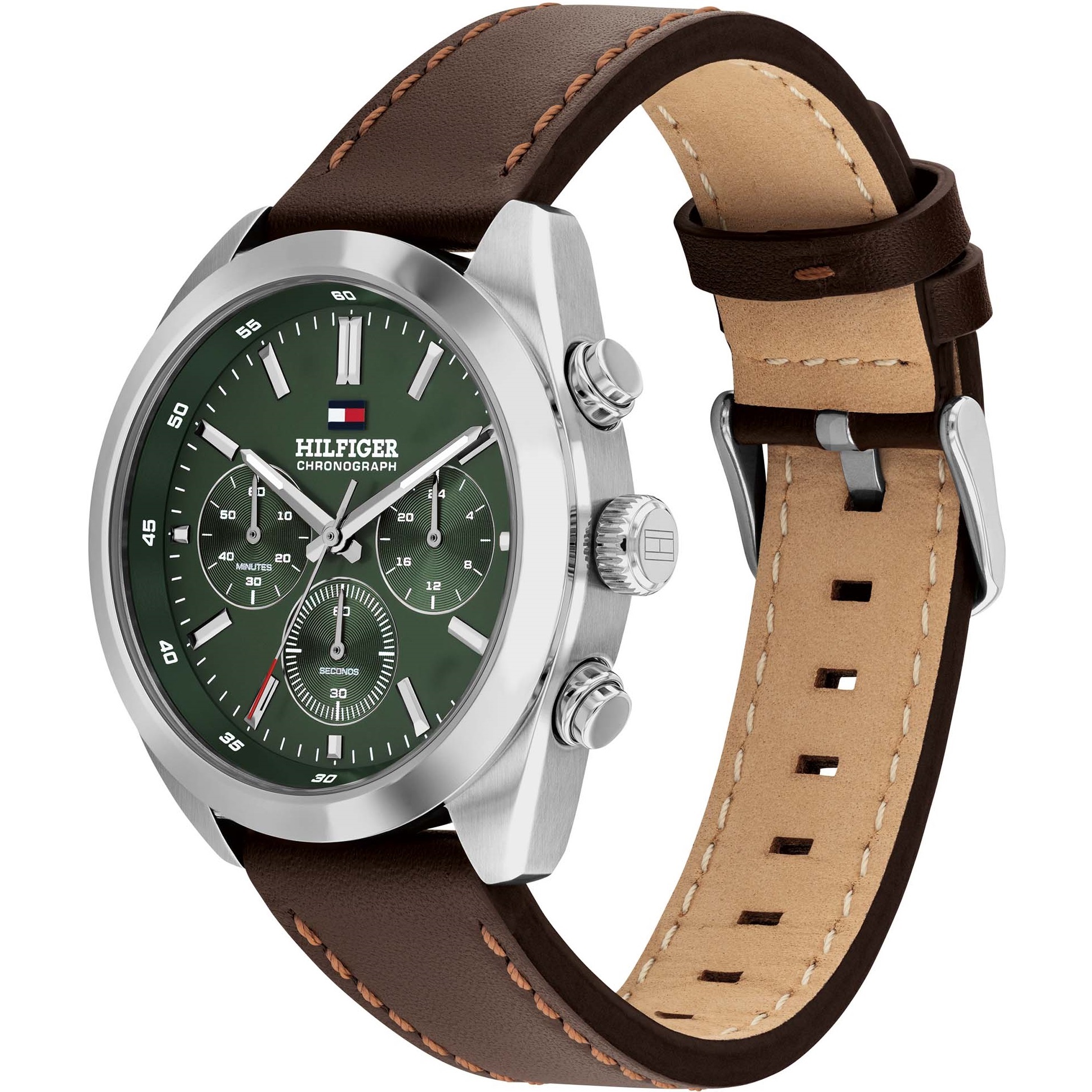 TOMMY HILFIGER Hudson Multifunction Green Dial 40mm Silver Stainless Steel Brown Leather Strap 1710719 - 