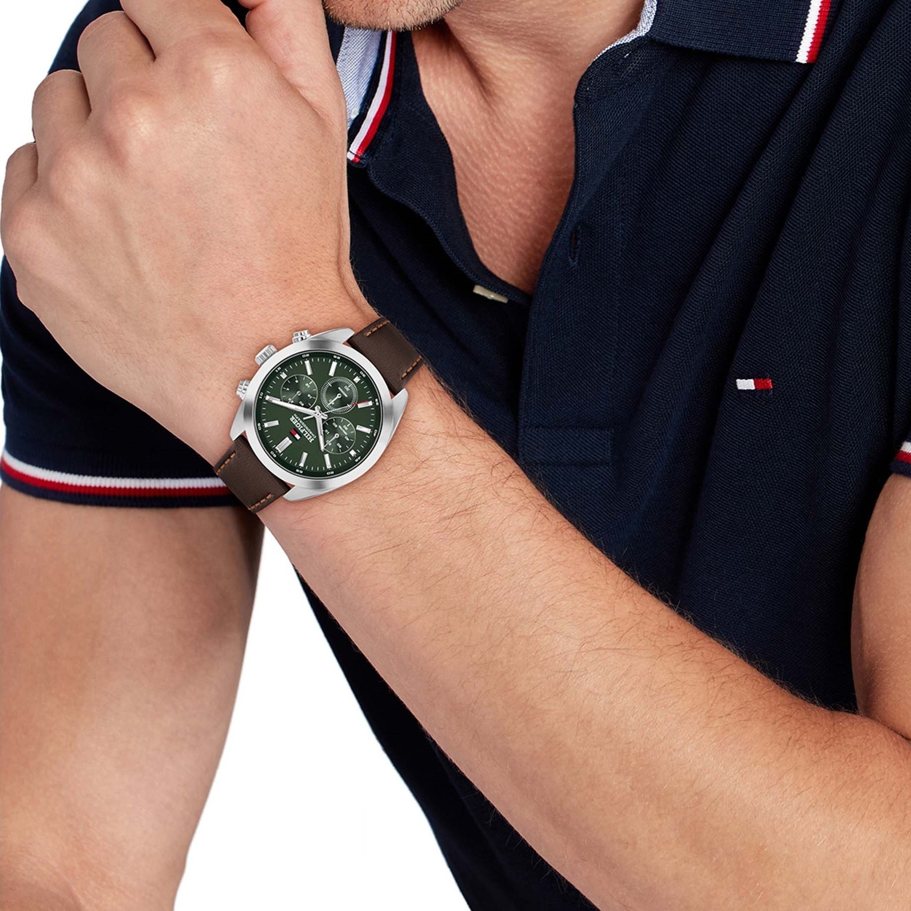 TOMMY HILFIGER Hudson Multifunction Green Dial 40mm Silver Stainless Steel Brown Leather Strap 1710719 - 4