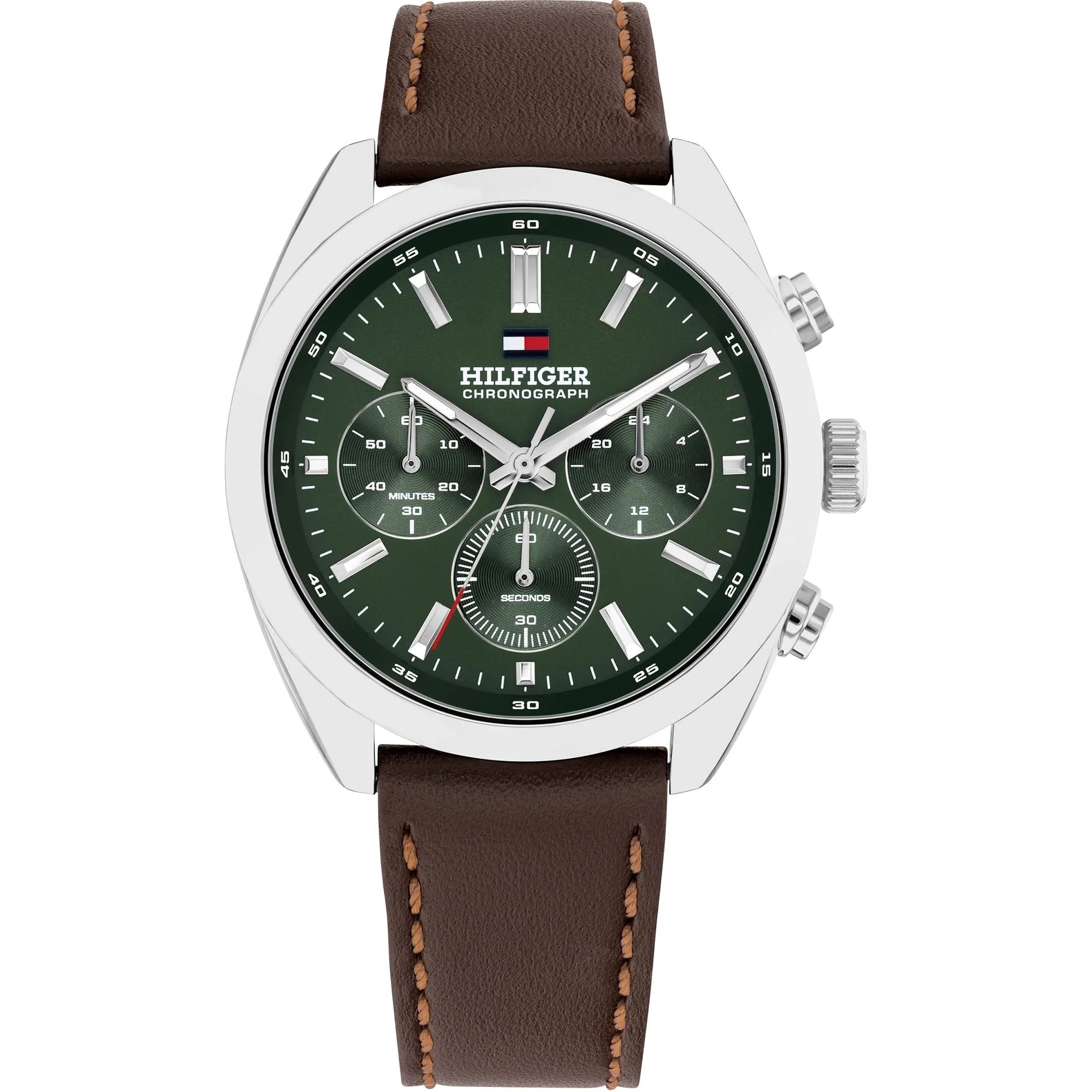 TOMMY HILFIGER Hudson Multifunction Green Dial 40mm Silver Stainless Steel Brown Leather Strap 1710719 - 