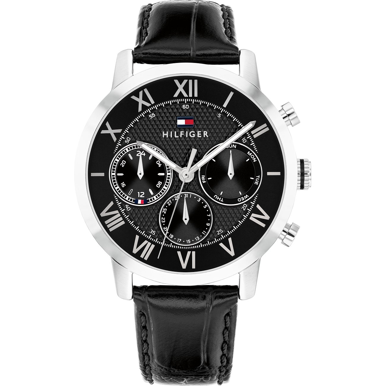 TOMMY HILFIGER Oxford Multifunction Black Dial 42mm Silver Stainless Steel Black Leather Strap 1710725 - 