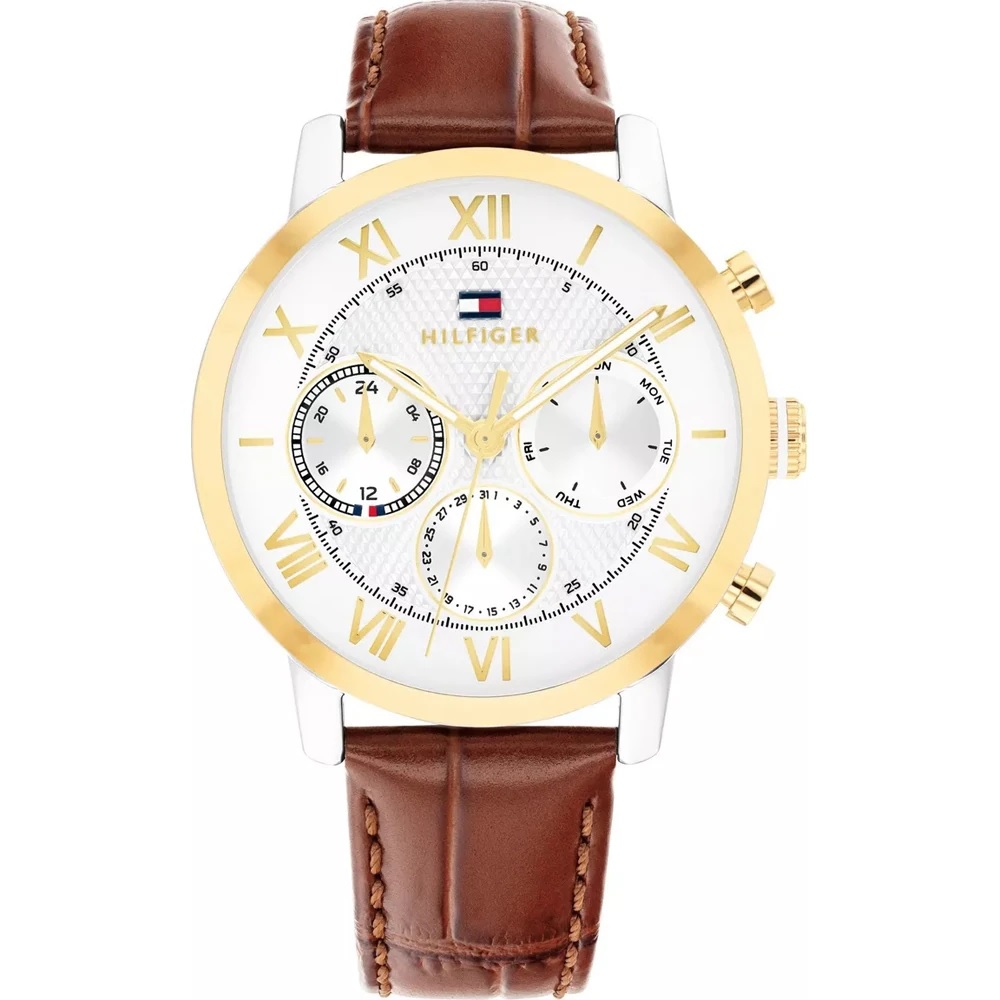 TOMMY HILFIGER Oxford Multifunction White Dial 42mm Silver Stainless Steel Brown Leather Strap 1710726 - 